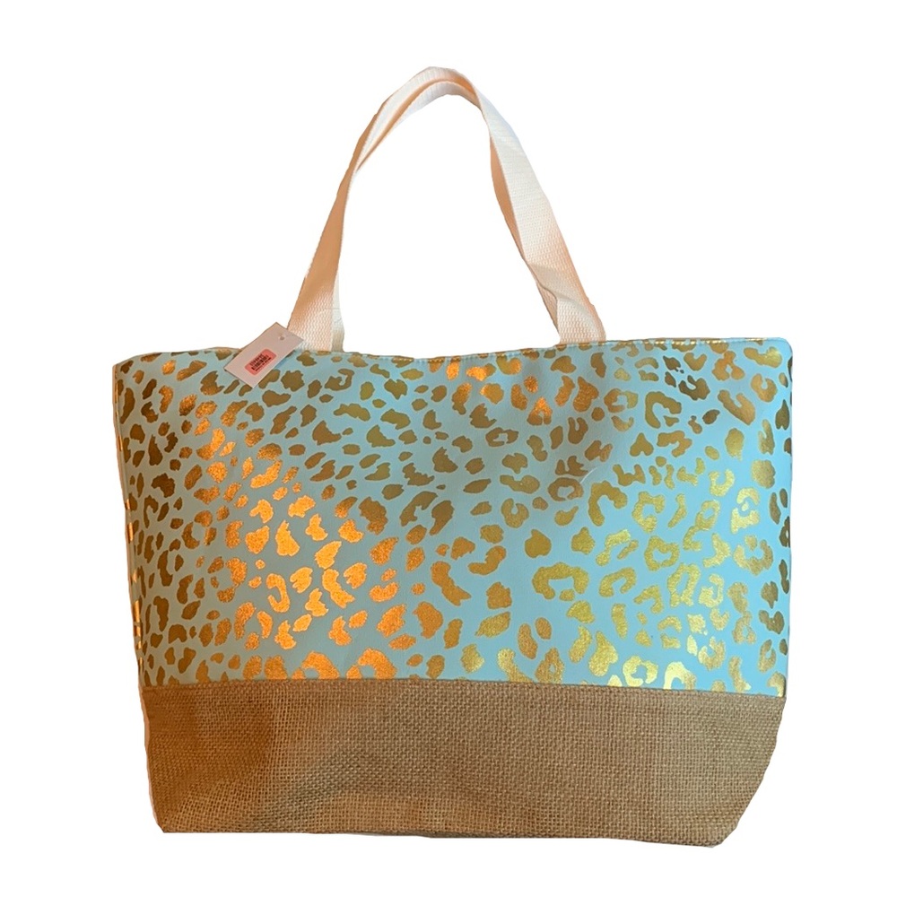 Cheetah Print Teal and Gold Burlap Tote New